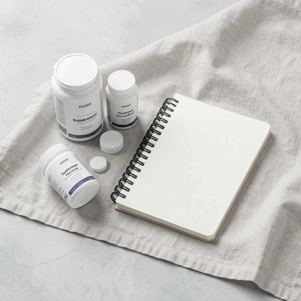 Supplement containers and a notebook arranged on a pale linen surface, editorial flat lay