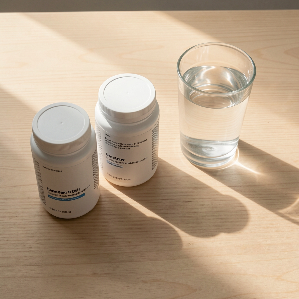 Supplement containers and a glass of water arranged on a clean wooden surface in morning light, editorial overhead composition on neutral background
