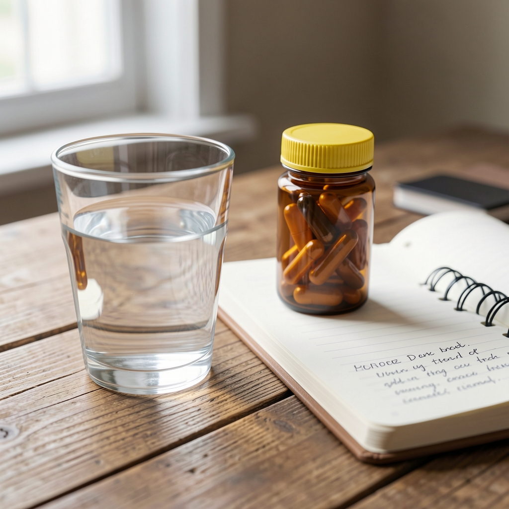 Glass of water and vitamin D supplement container on a wooden desk beside a morning journal, soft natural light