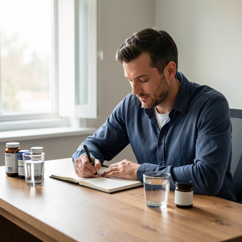 Man journalling at a wooden desk with a glass of water and supplement containers, soft daylight from window